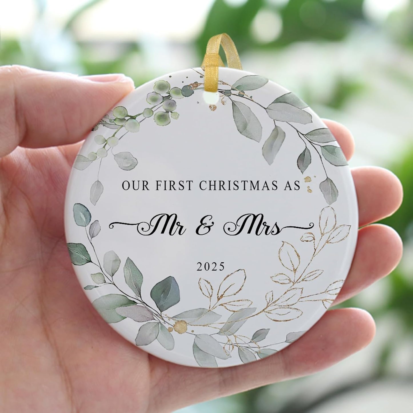 Our First Christmas Married Ornament 2025,Wedding Gifts for Couples Unique Decoration,First Year Newlywed Mr and Mrs Hanging 2.9" Ceramic Round Ornament