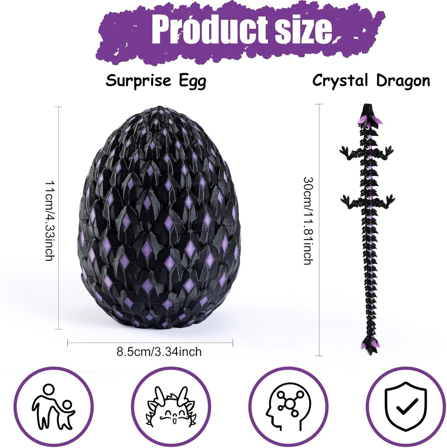 11.81" 3D Printed Glow-in-The-Dark Dragon Egg with USB UV Flashlight-Articulated Flexible Dragon Inside, Fidget Sensory Toy for Stress Relief, Desk Pet & Gift for Kids Ages 4+, Collectors