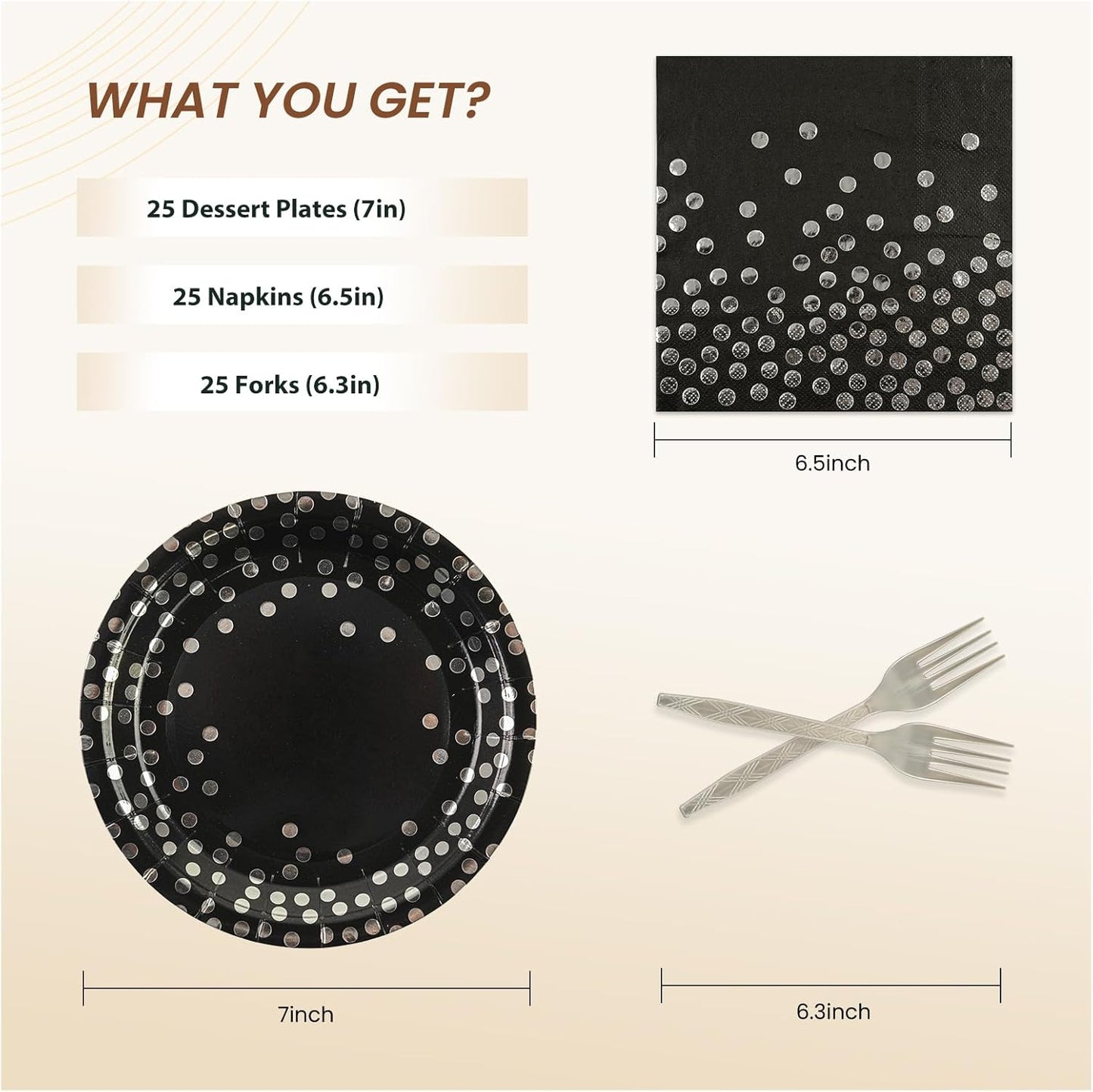 75PCS Paper Plates and Napkins Set - Black and Sliver Dot Disposable Party Dinnerware Includes Paper Plates, Napkins, Forks Decorations for Graduations, Birthdays and Weddings, Serves 25
