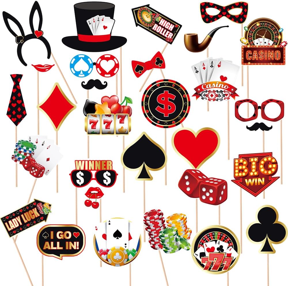 Casino Theme Party Decorations, Tumwisk 30PCS Las Vegas Photo Booth Props, Casino Birthday Decorations Funny Vegas Themed Poker Party Game Night Selfie Props