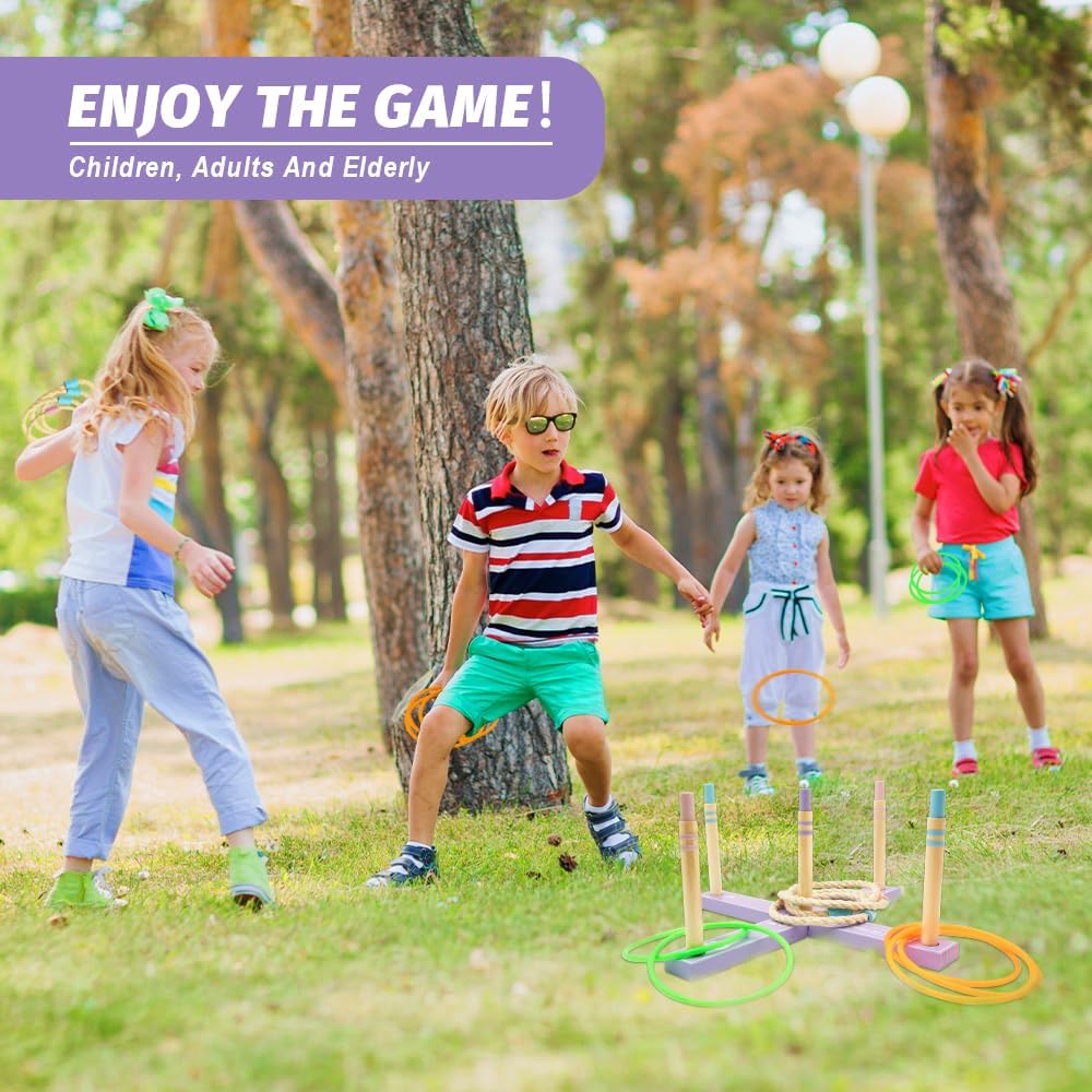 Wooden Ring Toss Game Set, Backyard Beach Camping Game with Toss Rings & Portable Carrying Bag, Outdoor Lawn & Yard Games for Kids, Adults & Family