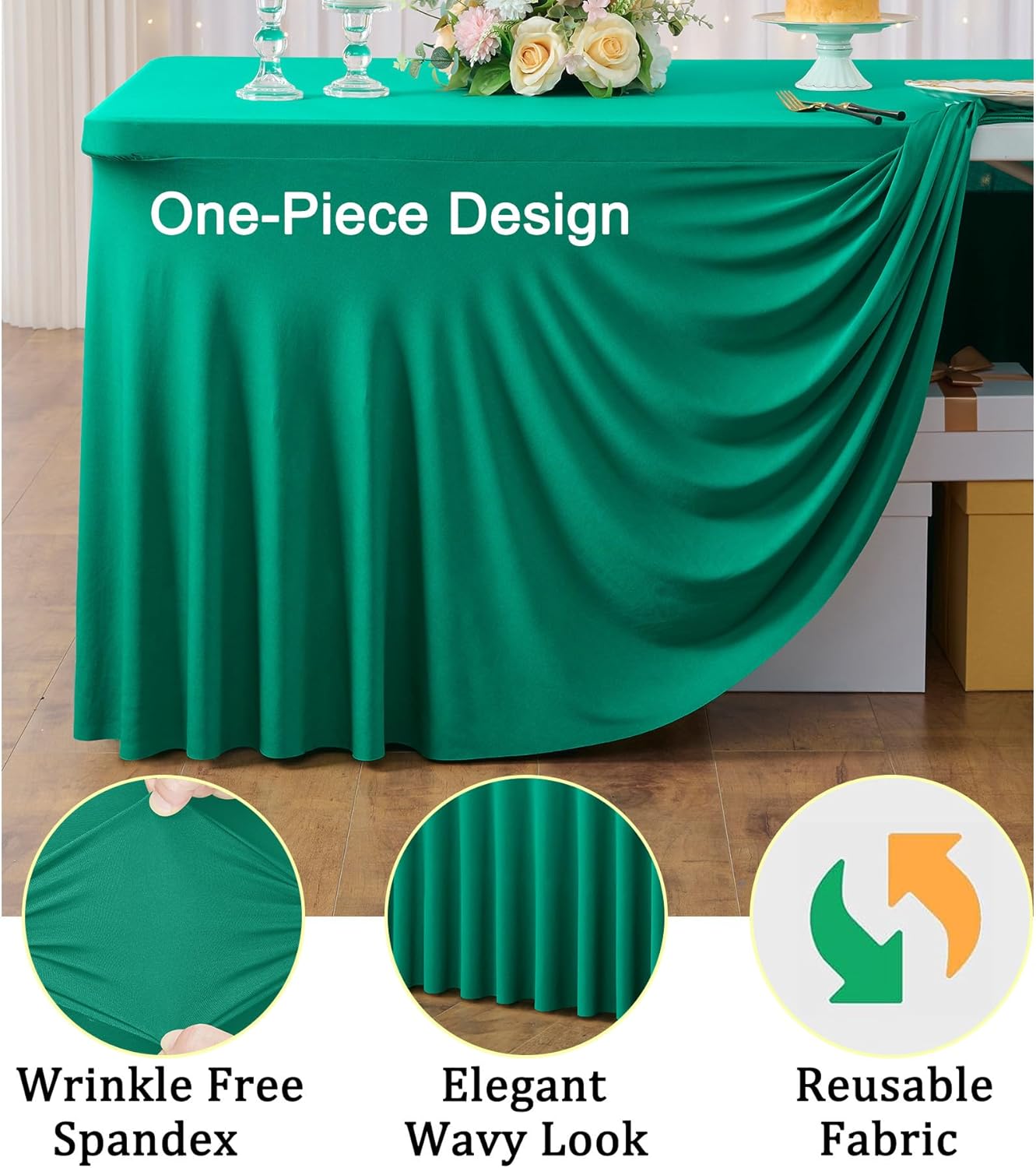 6 Pack Emerald Green Spandex Tablecloth for 6 Foot Rectangle Tables, Wrinkle Free Fitted Table Cloth Cover 6ft Green Stretchy Tablecloths with Skirt for Parties Weddings Birthday Banquet Baby Shower