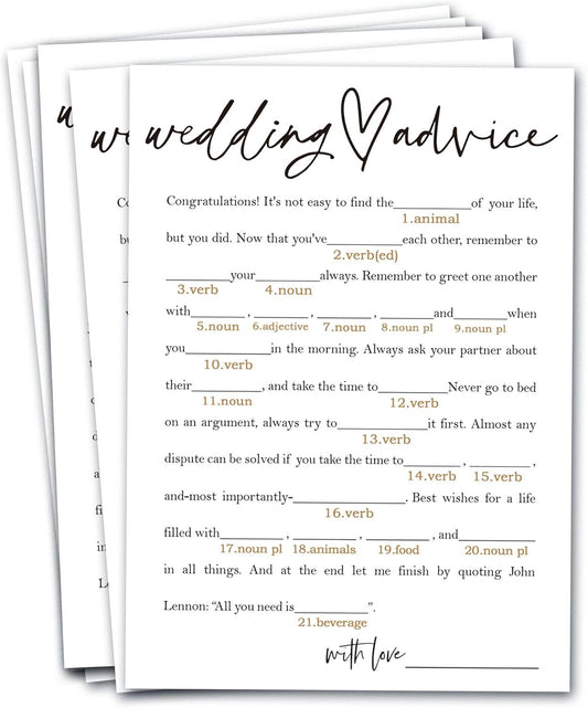 Bridal Shower Game Cards – Wedding Advice for The Bride and Groom, Fun Engagement Party Icebreaker for Guests, 25 Pack Minimalist White Wedding Party Supplies - A06