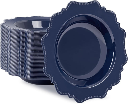 COLOSUS Navy Blue Plastic Party Bowls (60 Pack) 12 Oz Disposable Soup/Salad Bowl, Fancy Shatterproof Dinnerware for Catering, Holidays, Weddings, and Everyday Use