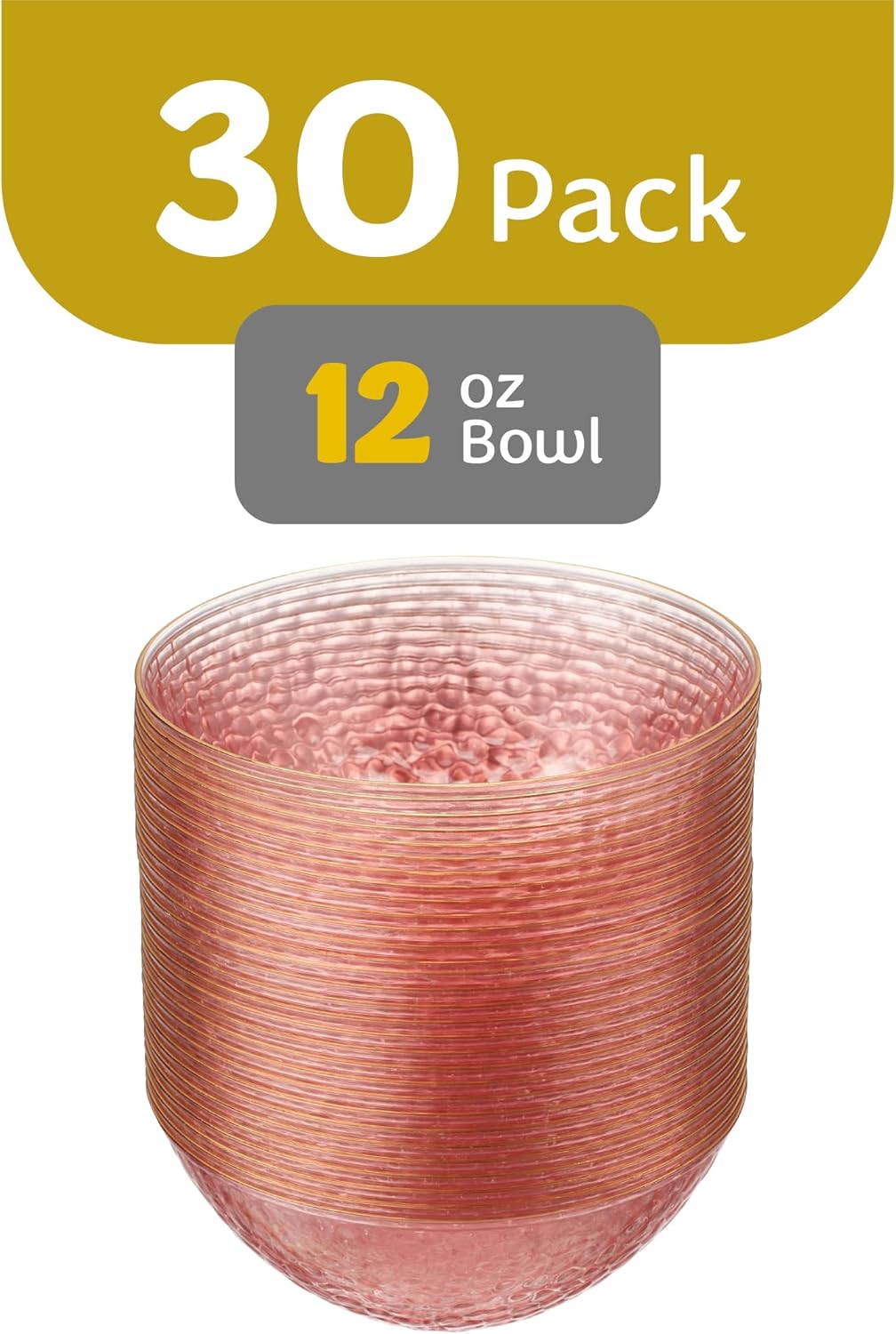PLASTICPRO 30 Pack 12 Ounce Hammered Plastic Bowls Translucent Pink with Gold Rim Heavyweight Disposable Plastic Soup Bowls Elegant Translucent Hammered Gold Rim Platsic Party Dishes