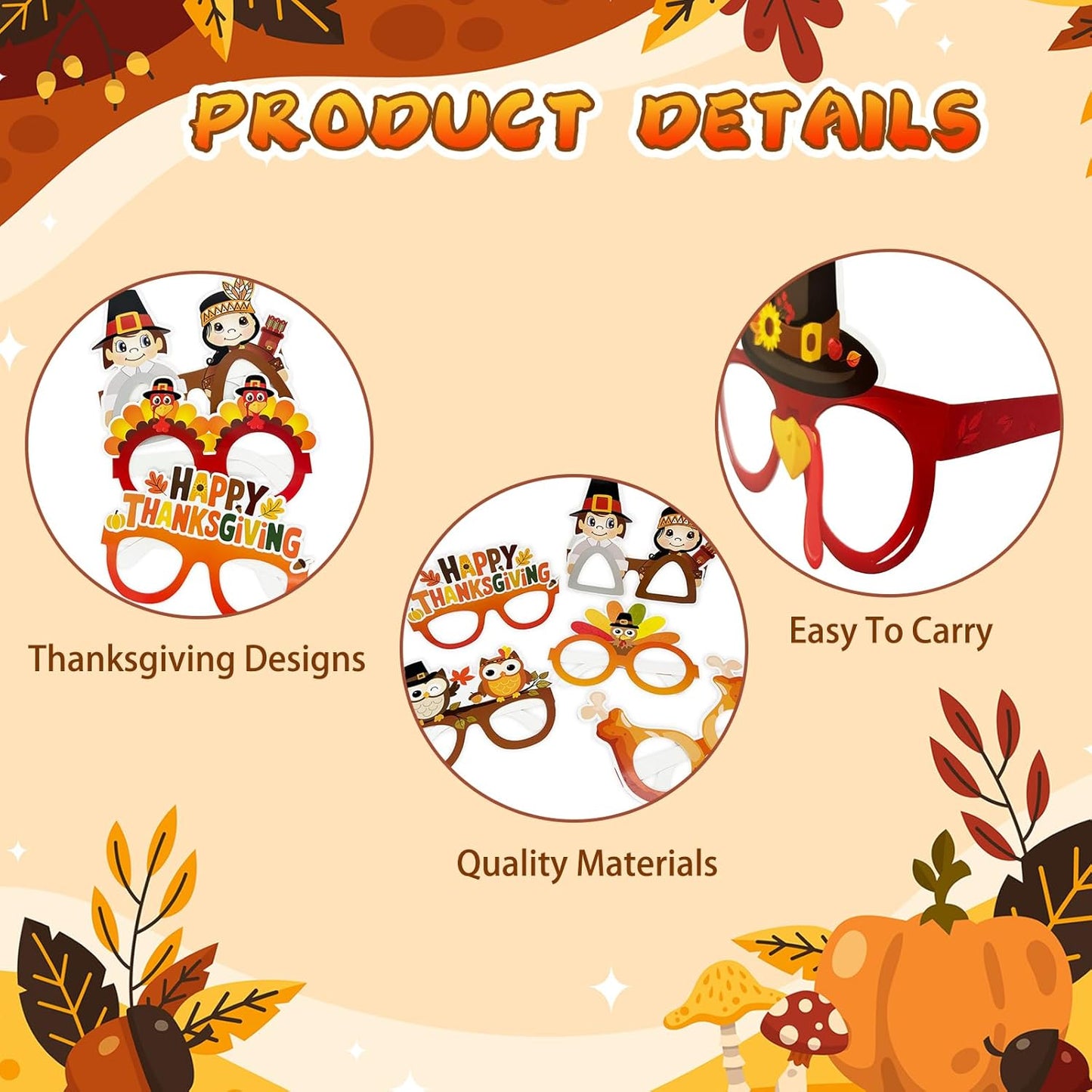 24 Pcs Thanksgiving Photo Booth Props Turkey Paper Eyeglasses Thanksgiving Party Favors Friendsgiving Gifts for Kids