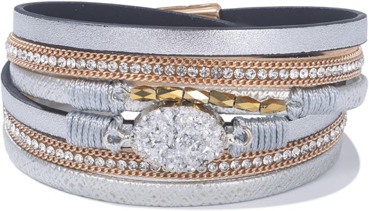 FANCY SHINY Leather Wrap Bracelet Boho Cuff Bangle Bracelets Crystal Bead Bracelet with Magnetic Clasp Jewelry Gifts for Women