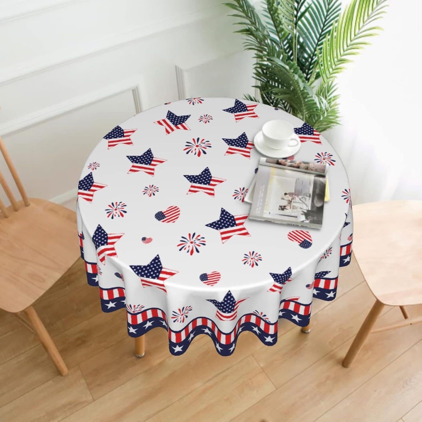 Giwawa Patriotic Round Tablecloth, 60 Inch Memorial Day USA Stars Hearts Firework Circular Table Cover for Kitchen Dinning Holiday, 4th of July American Flag Decorative Washable Table Cloth