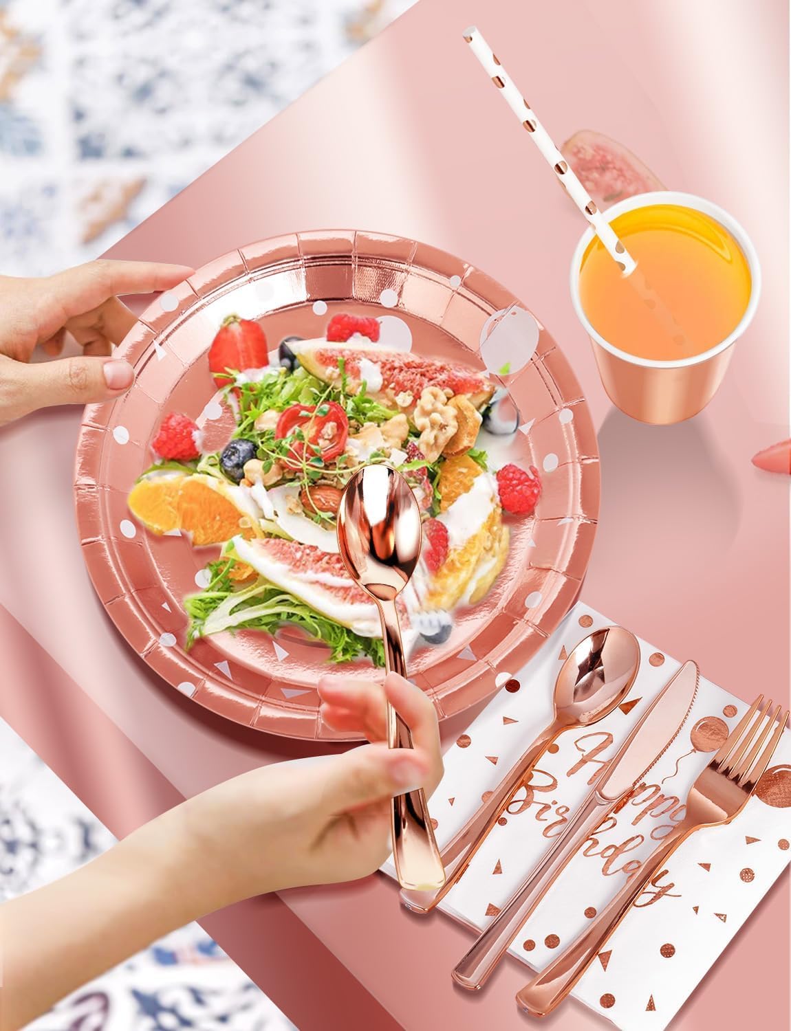 Birthday Party Tableware, 161 Pieces Rose gold Party Supplies, Dinnerware Sets Include Paper Plates Napkins Cups Silverware, for Shower Engagement Parties Decoration -20 Serves
