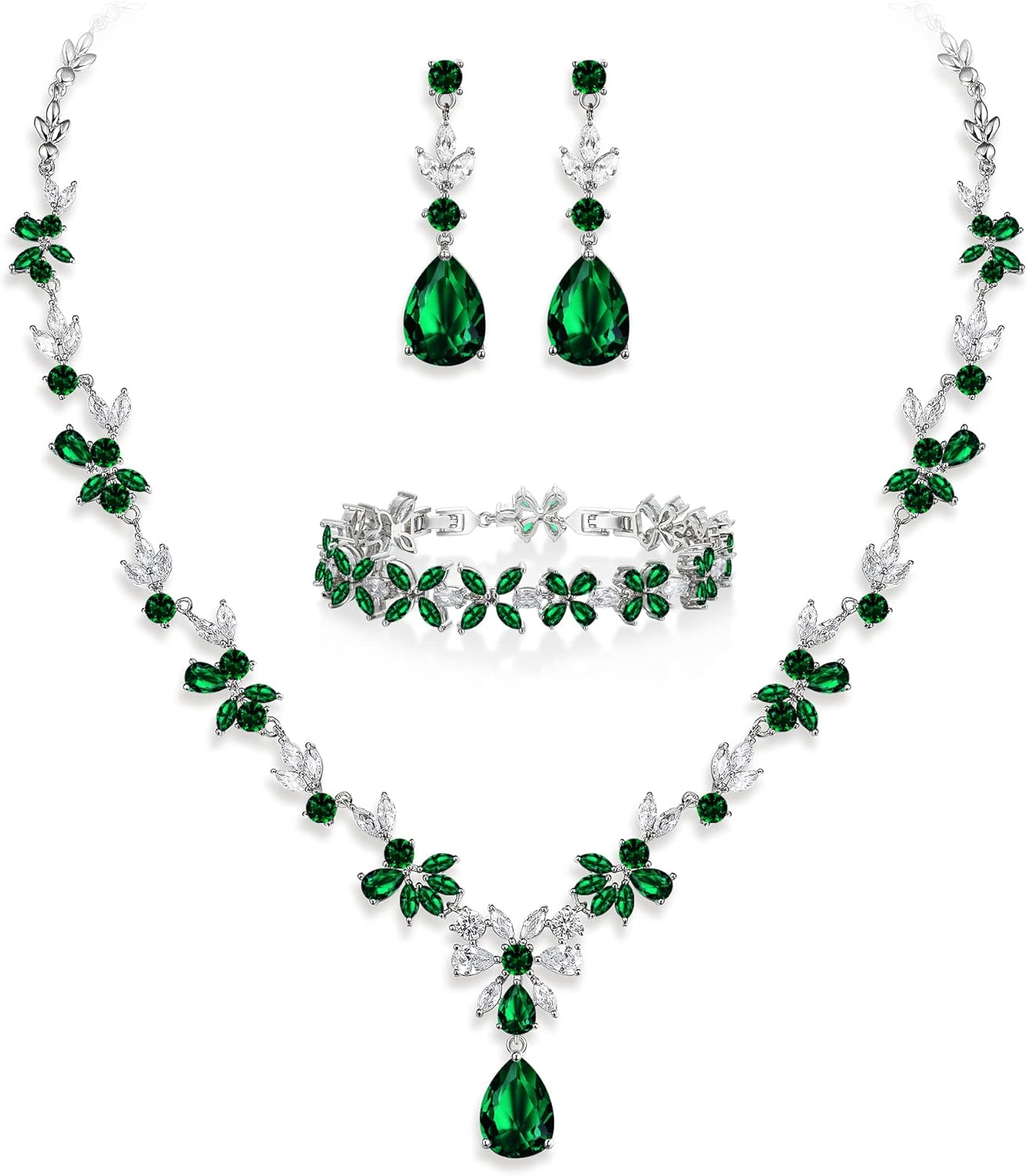 Crysdue Wedding Jewelry Set for Women, Floral Leaf Vine Teardrop Necklace Dangle Earrings Bracelet and Hair Comb, Cubic Zirconia Elegant Party Prom Jewellery for Bridal Bridesmaid