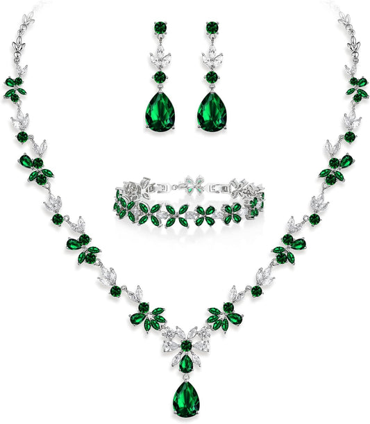 Crysdue Wedding Jewelry Set for Women, Floral Leaf Vine Teardrop Necklace Dangle Earrings Bracelet and Hair Comb, Cubic Zirconia Elegant Party Prom Jewellery for Bridal Bridesmaid