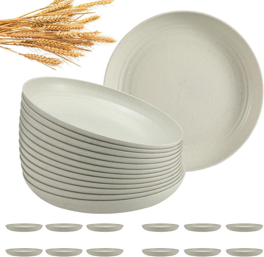 12 Pcs Unbreakable Deep Dinner Plates Set, 10 inch Reusable Plastic Wheat Straw Plates, Microwave and Dishwasher Safe Plate for Kitchen, Lightweight Plate for Dessert, BPA Free, Beige
