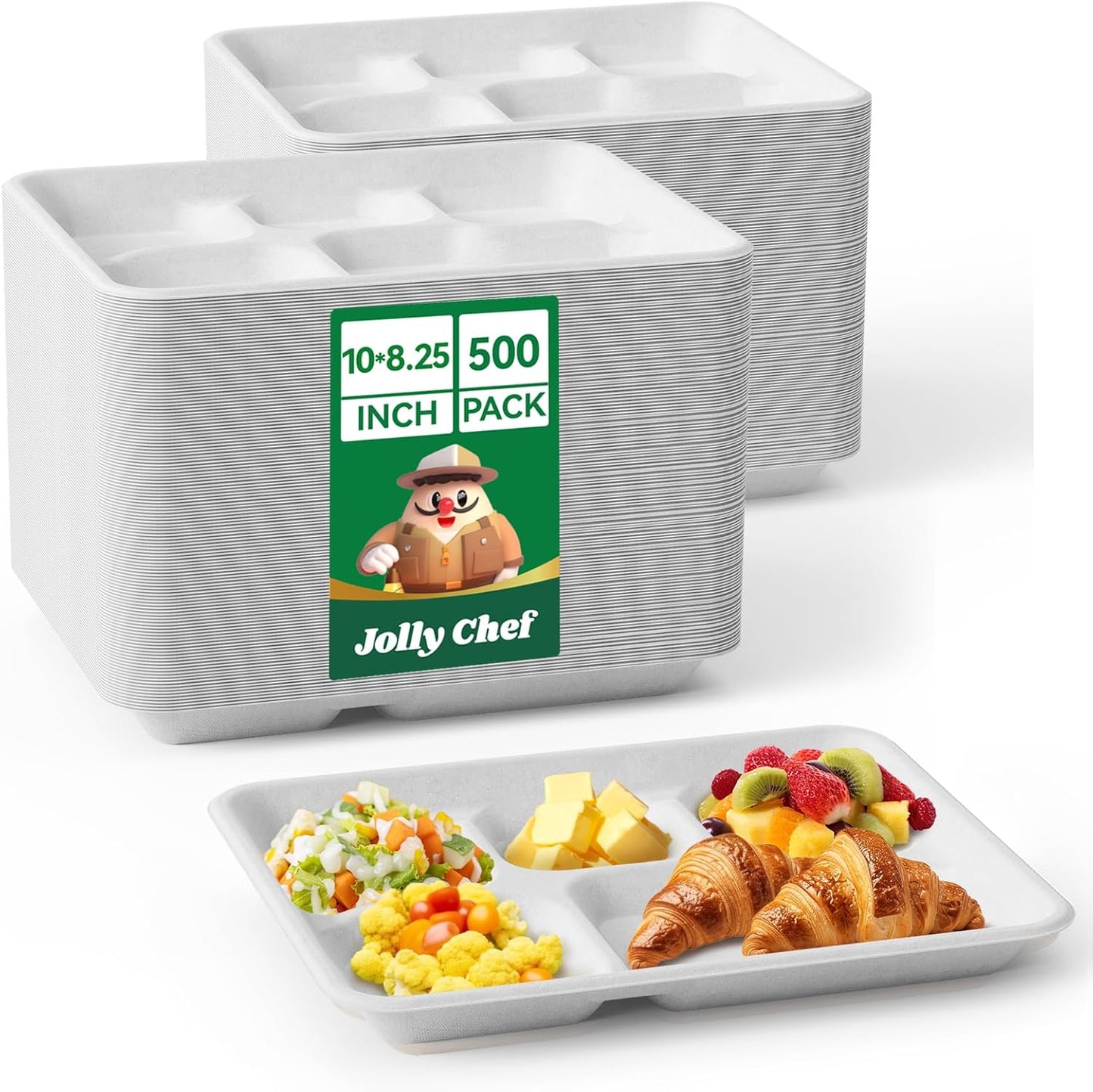 JOLLY CHEF Compostable 𝟱 Compartment Paper Plates 10*8.25*1 𝗶𝗻𝗰𝗵 [𝟱𝟬𝟬 𝗣𝗮𝗰𝗸] Small Heavy Duty Divided Disposable White Eco-Friendly Biodegradable Food Tray for School Lunch Thanksgiving Day