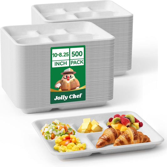 JOLLY CHEF Compostable 𝟱 Compartment Paper Plates 10*8.25*1 𝗶𝗻𝗰𝗵 [𝟱𝟬𝟬 𝗣𝗮𝗰𝗸] Small Heavy Duty Divided Disposable White Eco-Friendly Biodegradable Food Tray for School Lunch Thanksgiving Day