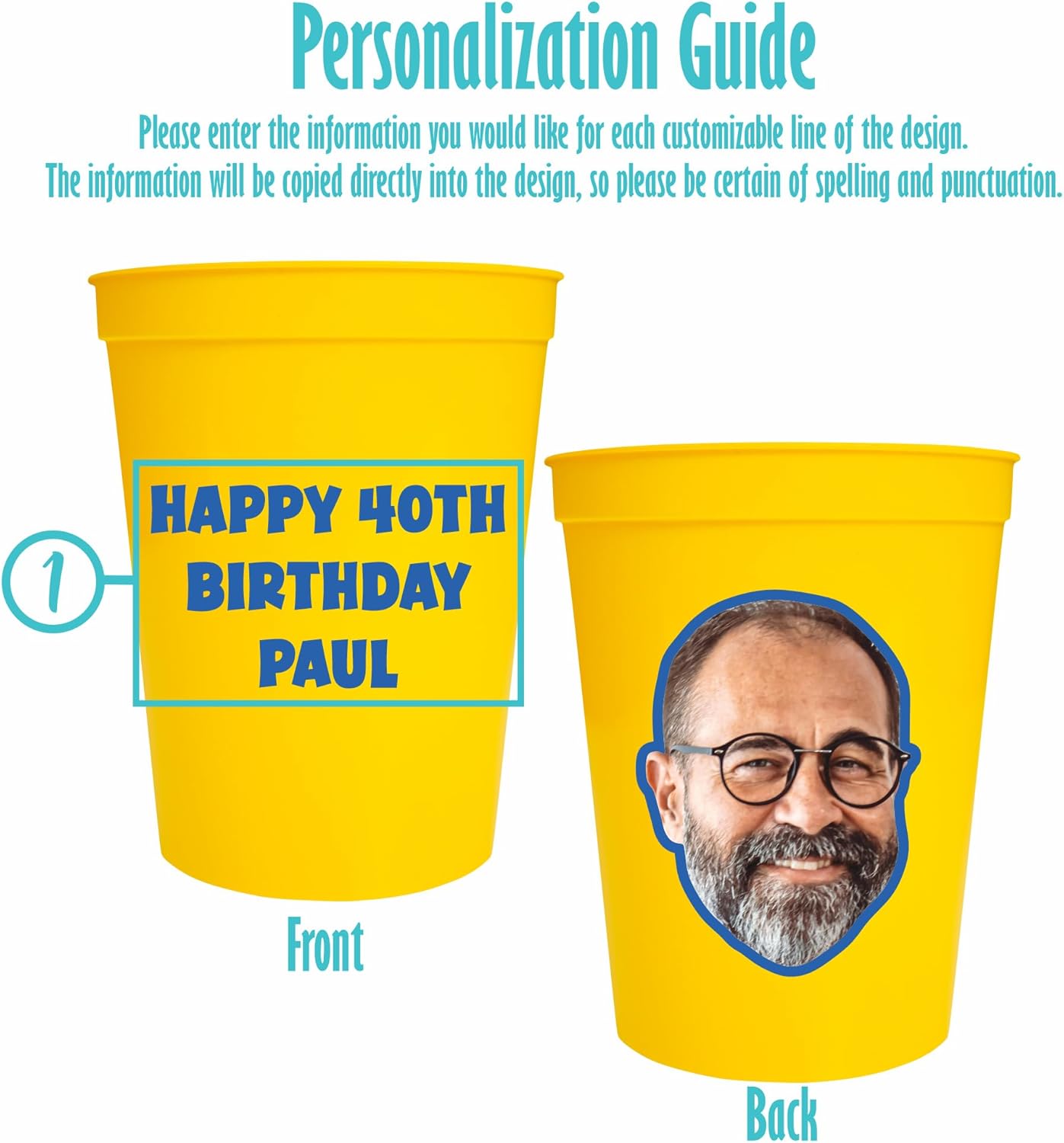 Custom Stadium Cups with Photo – Personalized 16oz Cups with Text – Printed Directly on Cup – Choose Cup Color, Text Color, Quantity and More – Party Favor for Birthdays & Events (Big Head)