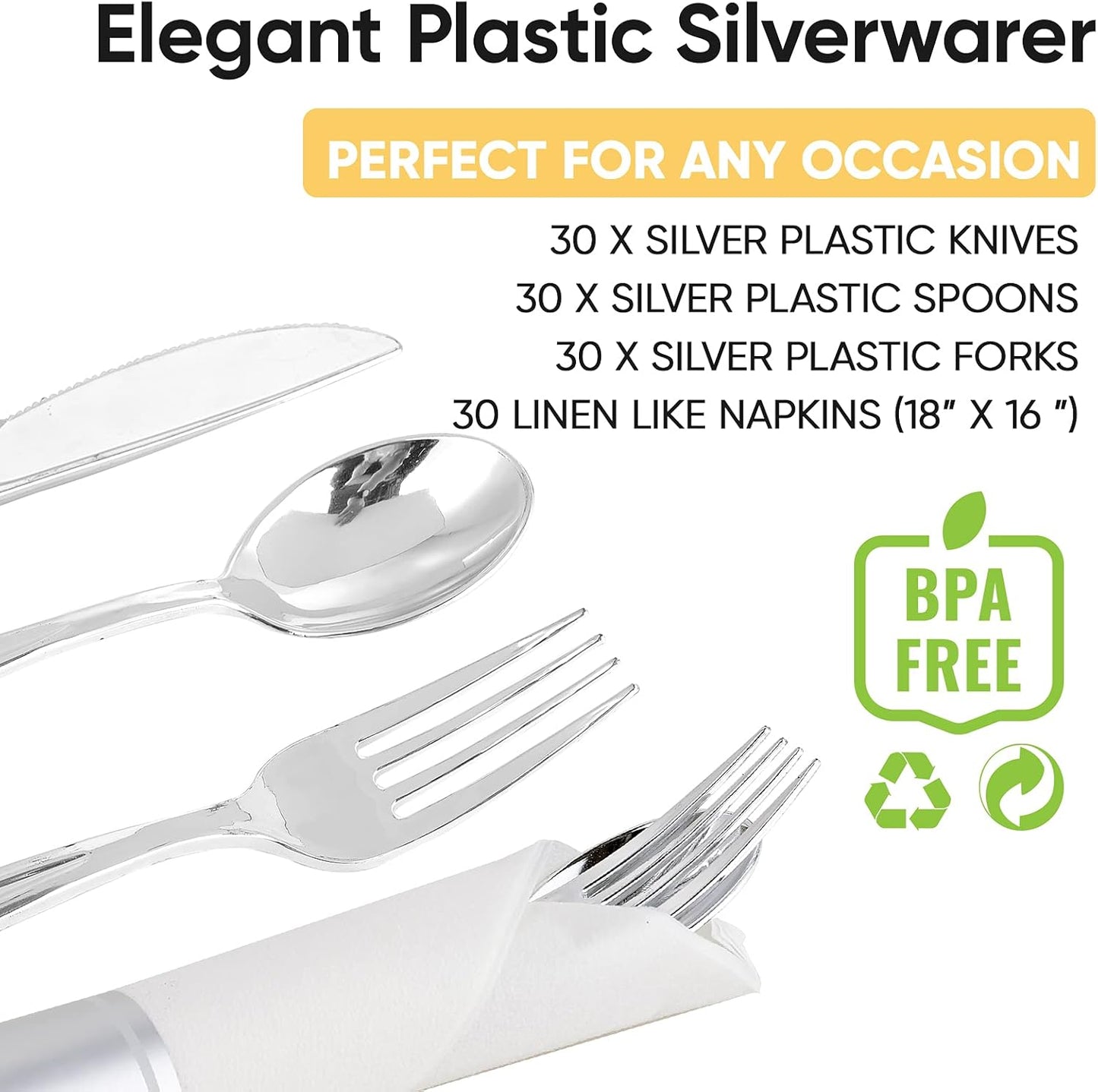 30 Pack Pre Rolled Silver Plastic Silverware, Disposable Cutlery Set- 30 Forks, 30 Spoons, 30 Knives, 30 Napkins, Disposable Heavy Duty Silverware Set for Dinner, Party, Wedding