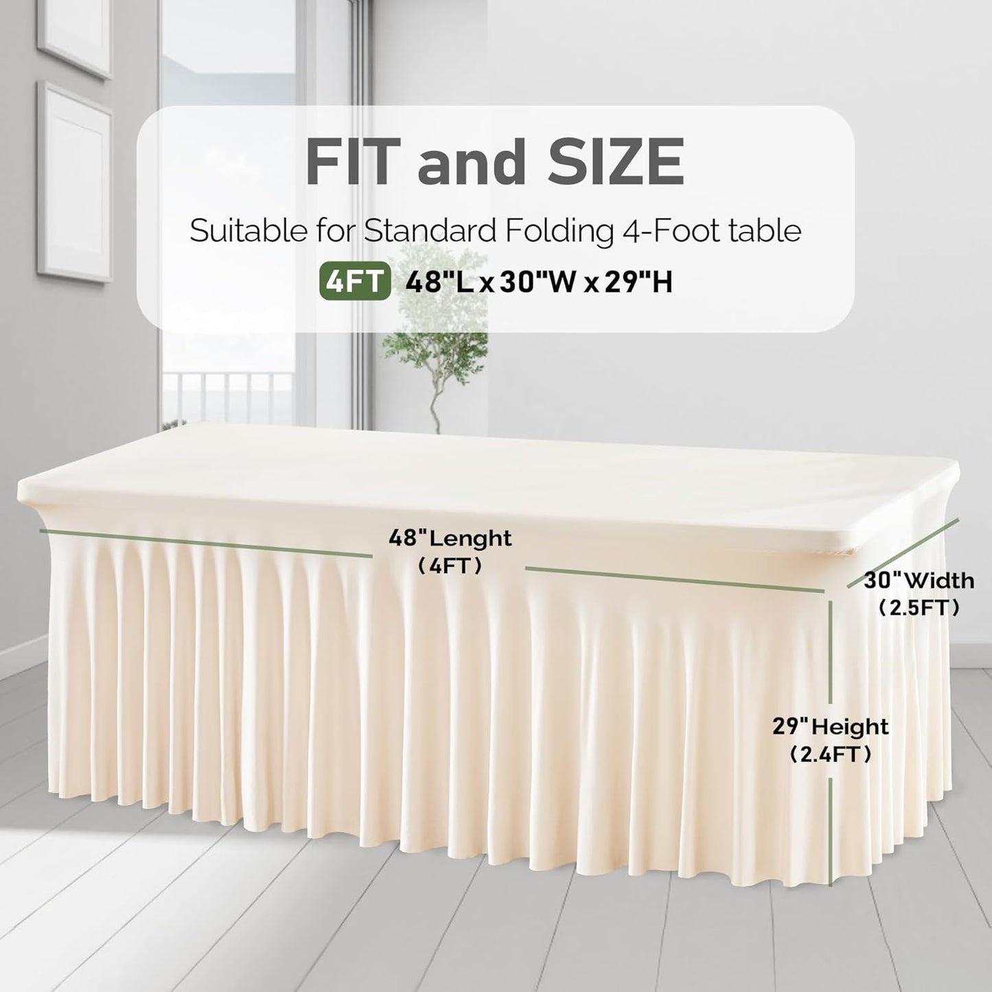 1 Pack Ivory Table Clothes for 4 Foot Rectangle Tables, One-Piece Wrinkle Resistant Stretch Spandex Table Covers with Skirt for Event Banquet Wedding Birthday Party