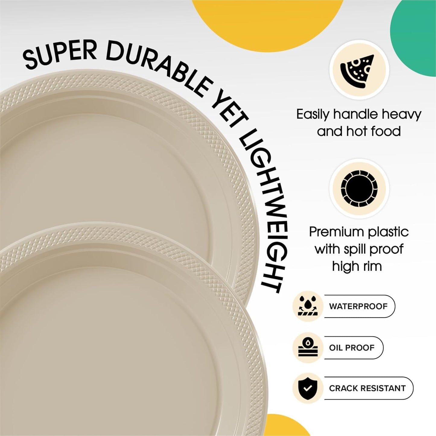 Party Solids Ivory Plastic Plates Bulk 9" Ivory Disposable Plates For Party Supplies 600 Pieces Disposable Dinner Plate Heavy Duty 350 GSM Plate Sets, Plastic Dinnerware Sets