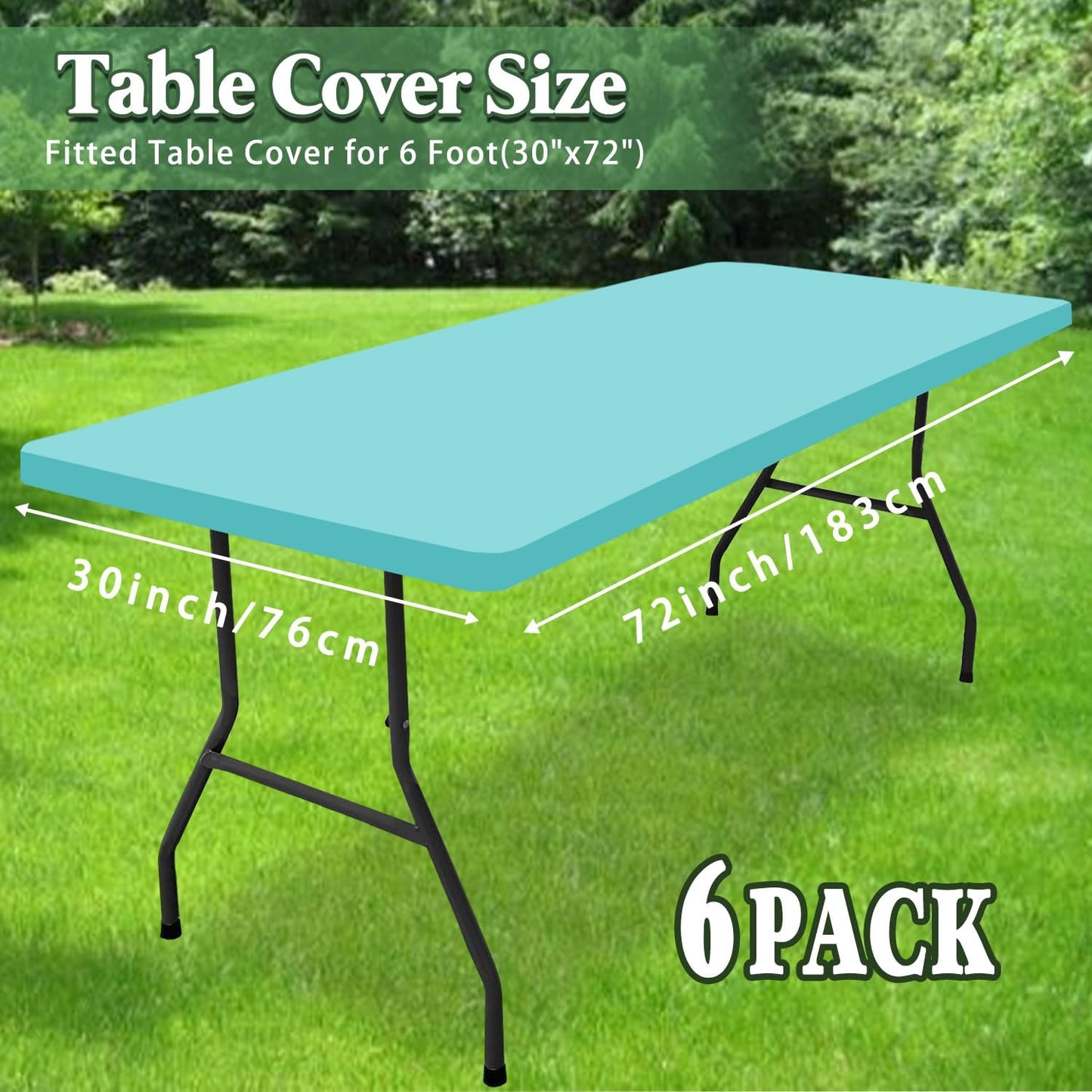 6 Pack Picnic Table Cover Elastic Fitted Tablecloths for 6 Foot Rectangle Tables Waterproof Stretch Washable Patio Folding Outdoor Spandex Tablecloth for Camping Banquet Parties (Aqua Blue,30" x 72")