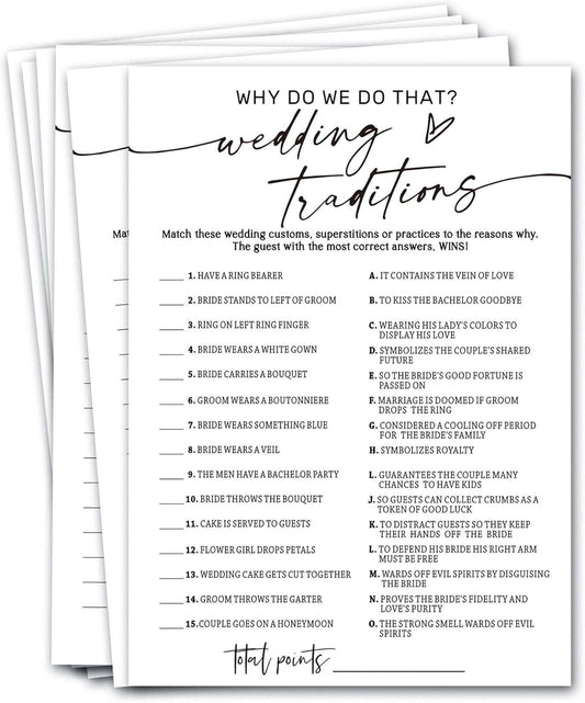 Wedding Shower Games Cards, Wedding Traditions Why Do We Do That, 25 Game Cards with 1 Answer Card, Engagement Party Wedding Games for Guests, Minimalist White Wedding Party Supplies - A08