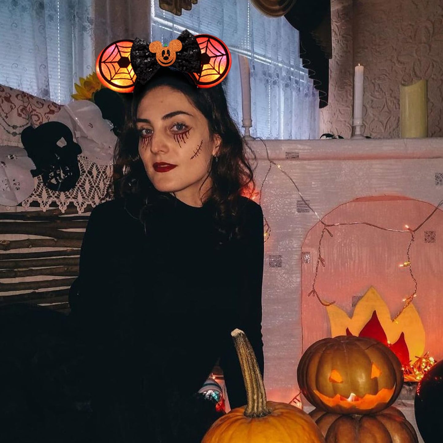 JIAHANG LED Halloween Mouse Ear Light Up Headband, Sequin Bow Hairband, Flash Glowing Party Decoration Headwear Hair Accessories