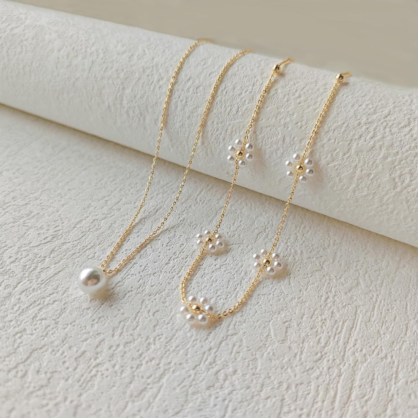 OGD Gold Pearl Necklaces Set for Women 14K Gold Plated Dainty Layered Pearl Cute Daisy Pearl Choker Gold Necklace Gifts for Women Gold Trendy Jewelry Gifts