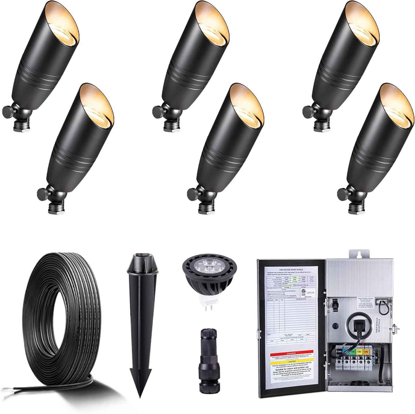 Gardenreet Black Brass Low Voltage Landscape Spotlights(6-Pack) Kit 12V LED with Low Voltage Transformer 150W & Mechanical Timer & 100FT Wire & 30Pack Connectors for Outdoor House Garden Patio