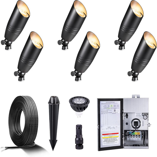 Gardenreet Black Brass Low Voltage Landscape Spotlights(6-Pack) Kit 12V LED with Low Voltage Transformer 150W & Mechanical Timer & 100FT Wire & 30Pack Connectors for Outdoor House Garden Patio