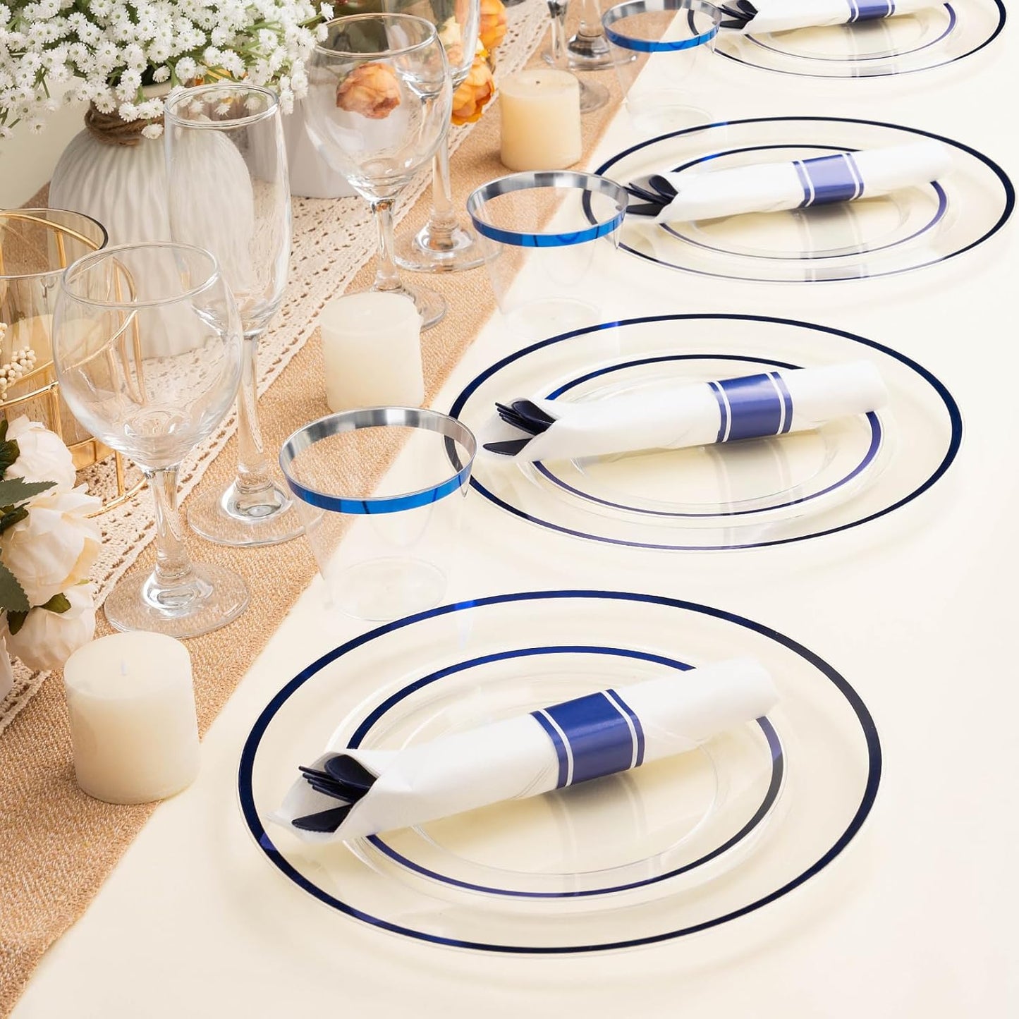 700PCS Clear Blue Disposable Plastic Dinnerware Set for 100 Guests, 200 Plastic Plates, 100 Cups, 100 Pre-Rolled Napkins with Cutlery for Party, Birthday, Christmas, Wedding, Thanksgiving, Halloween