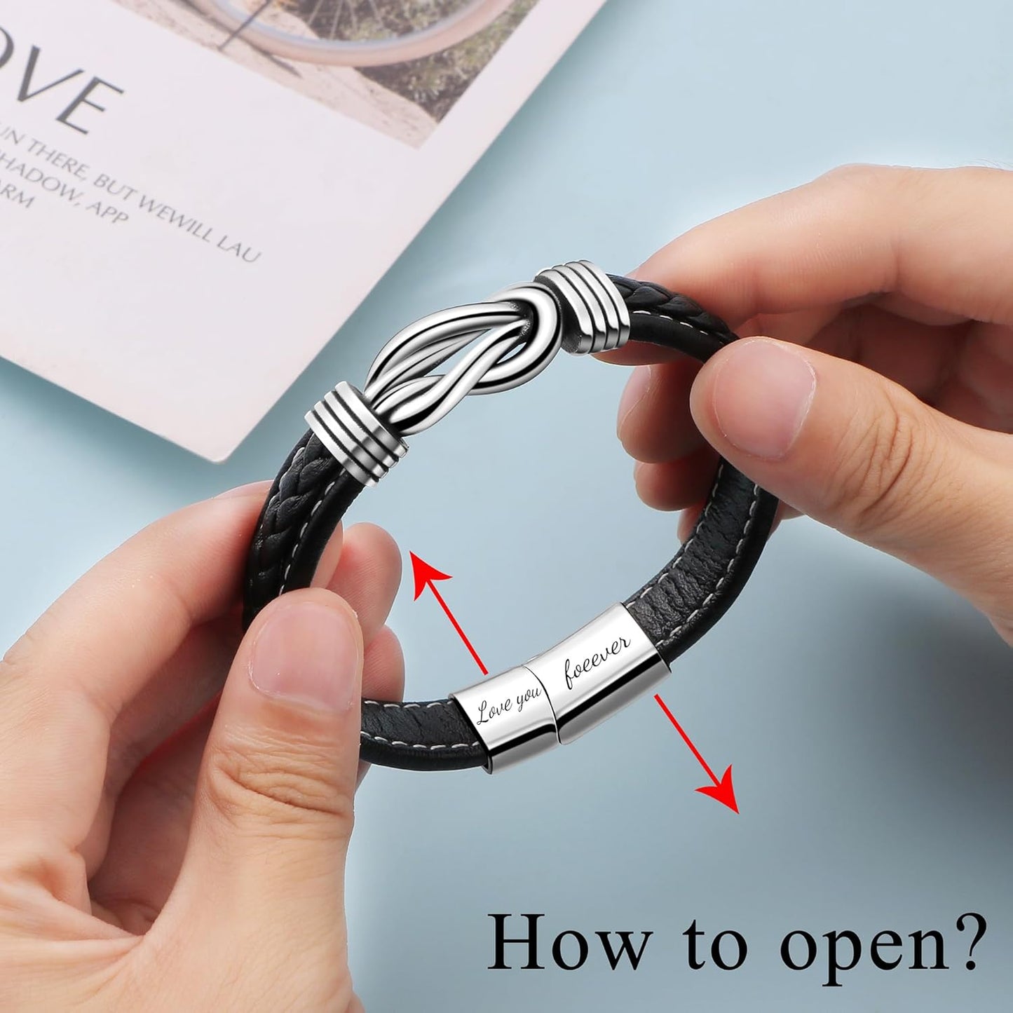 𝗞𝗻𝗼𝘁 𝗕𝗿𝗮𝗰𝗲𝗹𝗲𝘁 𝗚𝗶𝗳𝘁𝘀 𝗳𝗼𝗿 𝗠𝗲𝗻 Brown Braided Leather Stainless Steel Infinity Bracelets Lettering Love You Forever Gifts for Son Grandson Husband Boyfriend Brother Always Linked Together