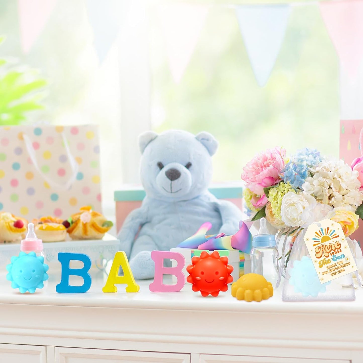 Leelosp 60 Sets Sun Soaps Baby Shower Favors Here Comes the Sun Baby Shower Gifts Mini Handmade Soaps with Thank You Card and Organza Bags for Guest Gender Reveal Sunshine Party Decor(Colorful,Funny)