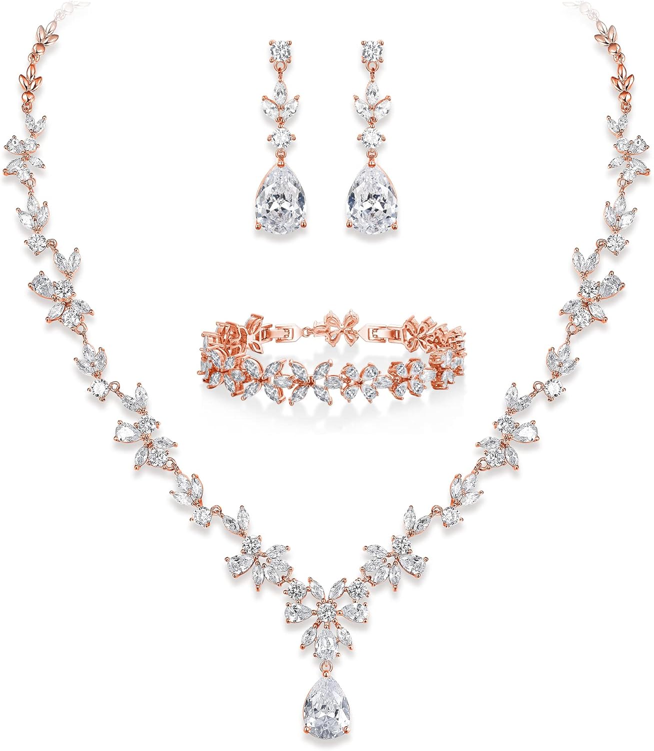 Crysdue Wedding Jewelry Set for Women, Floral Leaf Vine Teardrop Necklace Dangle Earrings Bracelet and Hair Comb, Cubic Zirconia Elegant Party Prom Jewellery for Bridal Bridesmaid
