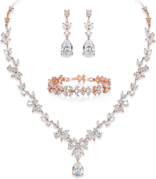 Crysdue Wedding Jewelry Set for Women, Floral Leaf Vine Teardrop Necklace Dangle Earrings Bracelet and Hair Comb, Cubic Zirconia Elegant Party Prom Jewellery for Bridal Bridesmaid