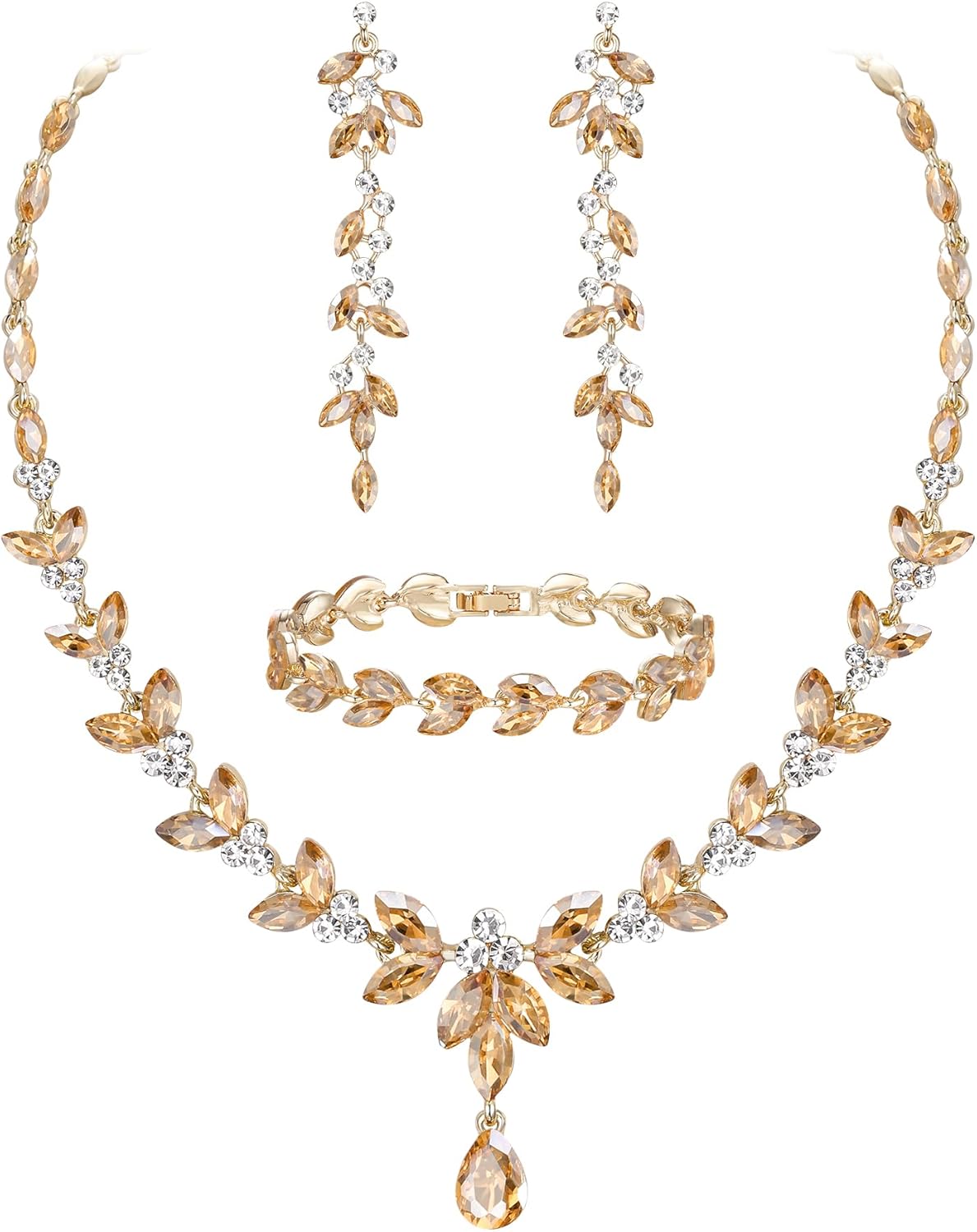 EVER FAITH Austrian Crystal Bridal Bridesmaid Jewelry Sets, Elegant Marquise Rhinestone Leaf Necklace Dangle Earrings Tennis Bracelet Set for Women