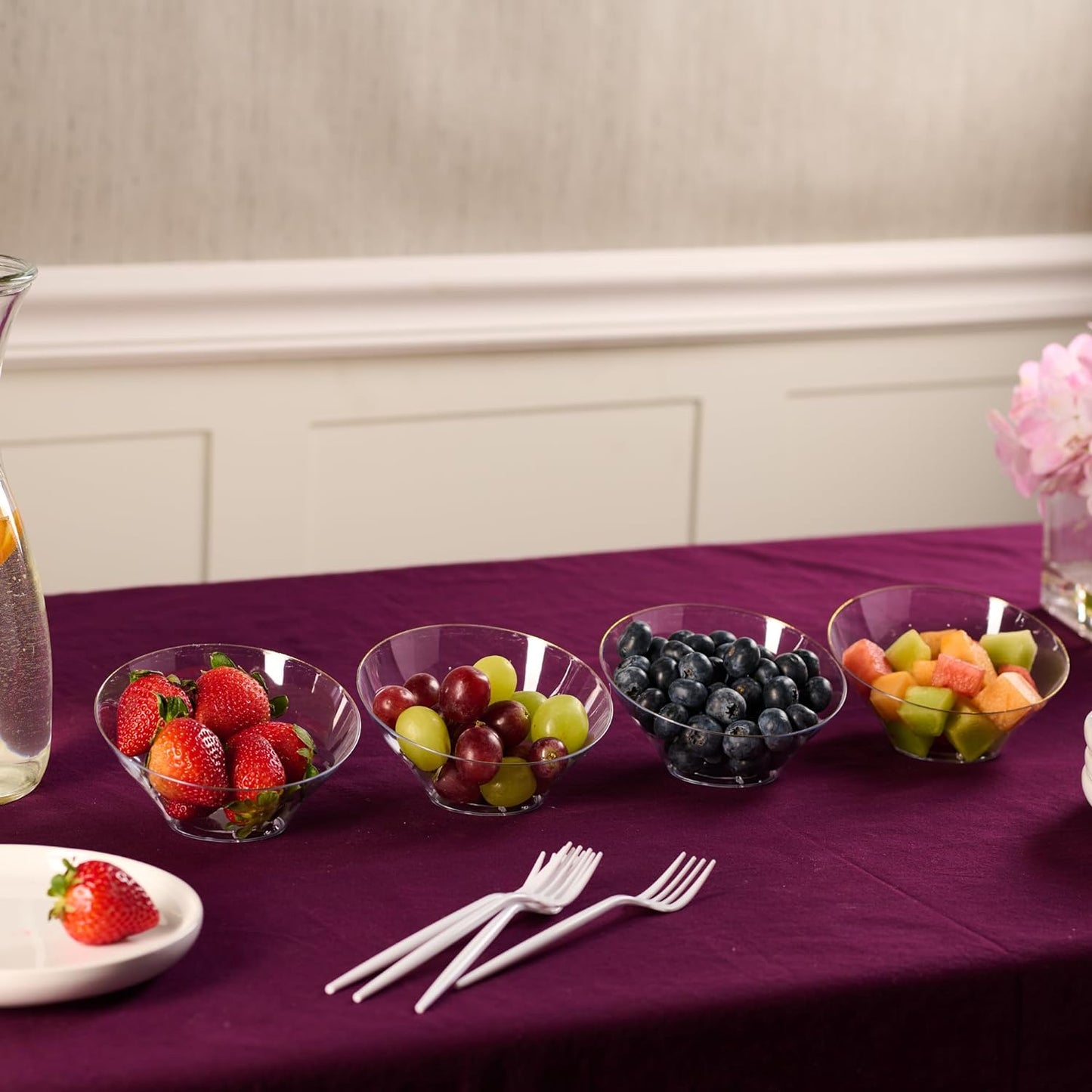 PLASTICPRO Angled Plastic Bowls Disposable Small Plastic Clear Serving Bowls with Gold Rim for Party for Appetizer Salads Pack of 8