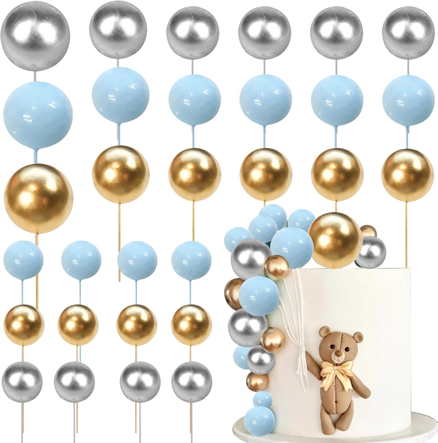 24 PCS Ball Cupcake Toppers Balls Cake Toppes Foam Balls Cupcake Picks DIY Mini Balloon Cake Inset Topper for Baby Shower Birthday Wedding Anniversary Party Decorations Supplies Blue Gold Silver