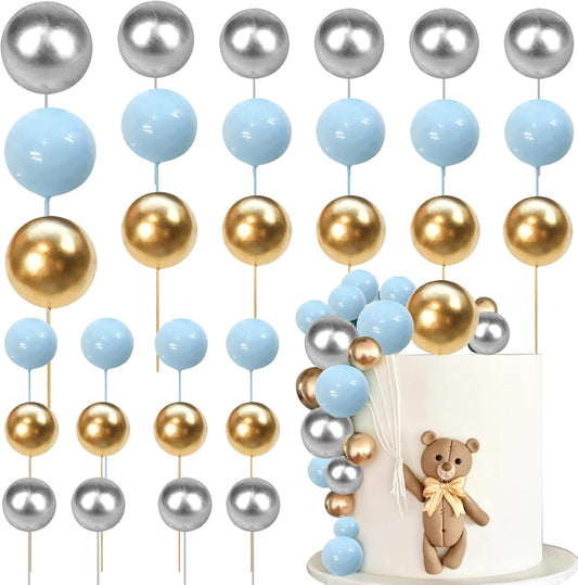 24 PCS Ball Cupcake Toppers Balls Cake Toppes Foam Balls Cupcake Picks DIY Mini Balloon Cake Inset Topper for Baby Shower Birthday Wedding Anniversary Party Decorations Supplies Blue Gold Silver