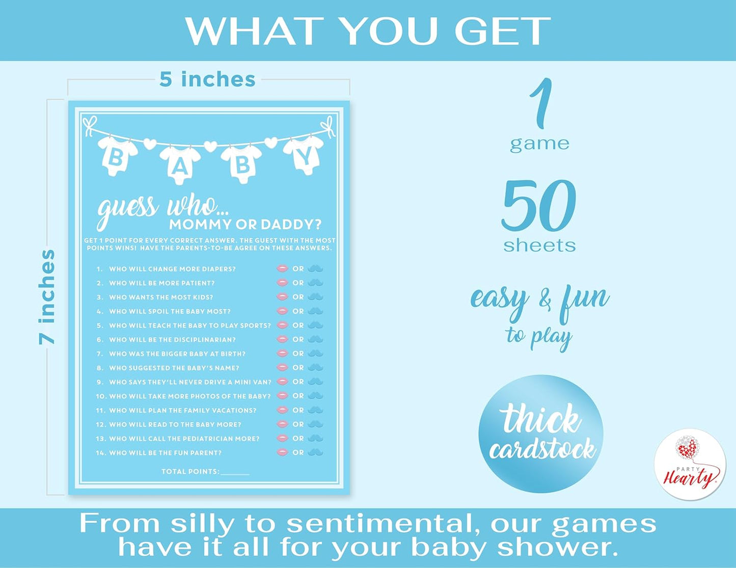 Party Hearty Baby Shower Games for Boy, 50 pcs Blue Mommy or Daddy Guess Who Game, Fun Activity Cards, Ideas