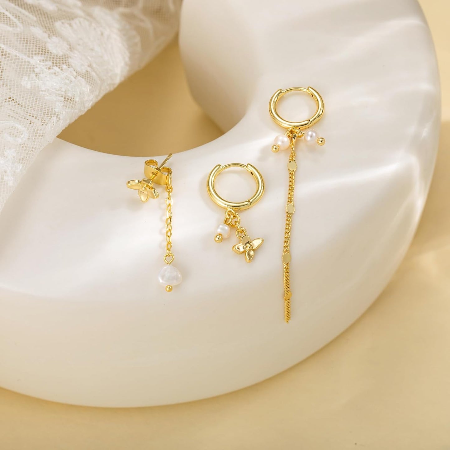 Moodear Gold Earrings for Women No Tarnish - Trendy 14K Gold Plated Pearl Hoop Studs Chain Earrings Stacks for Women Wedding Jewelry Gift
