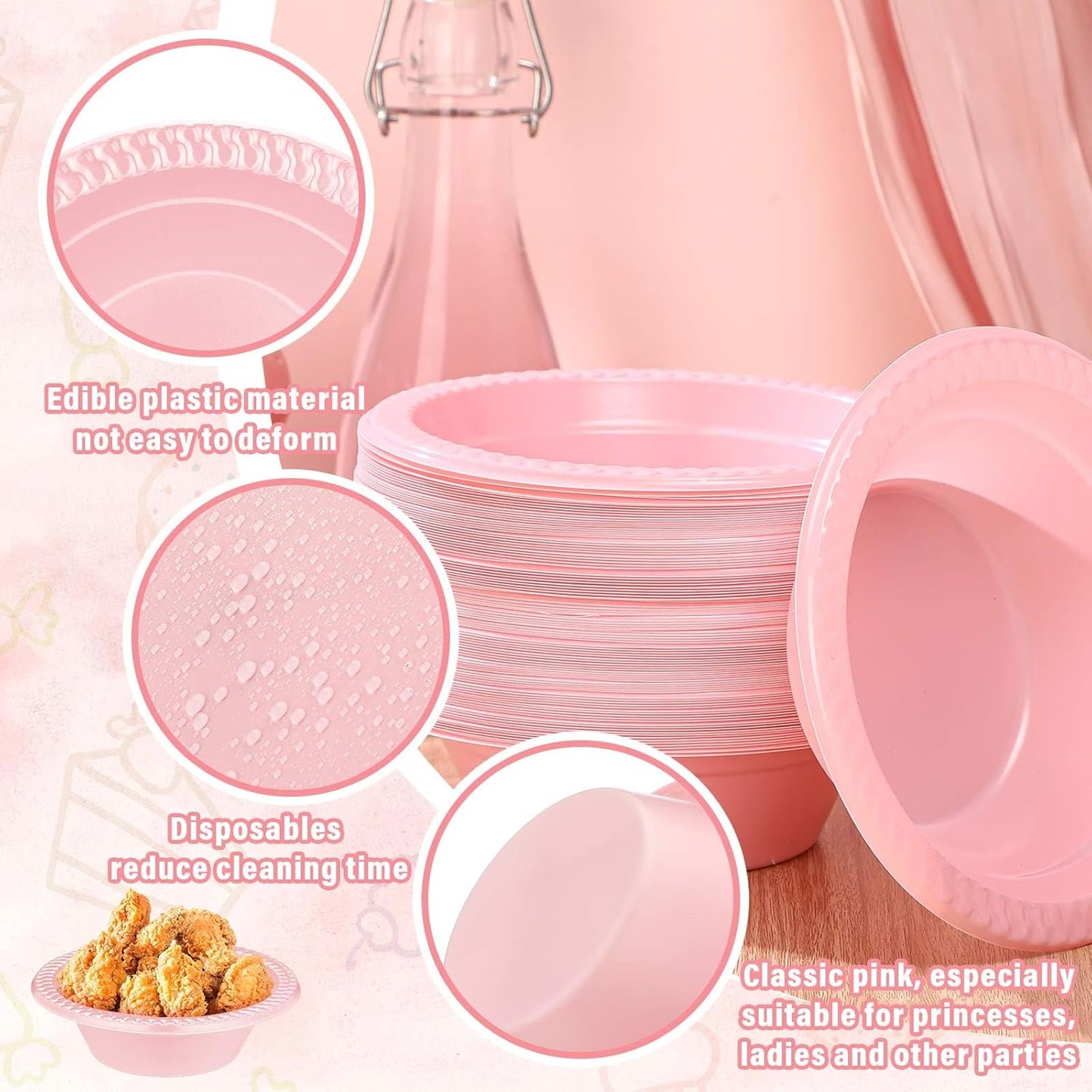 Lallisa 100 Pcs 12oz Pink Disposable Plastic Bowls Dessert Cups Ice Cream Snack Salad Soup Food Serving Bowls for Party Favor Picnic