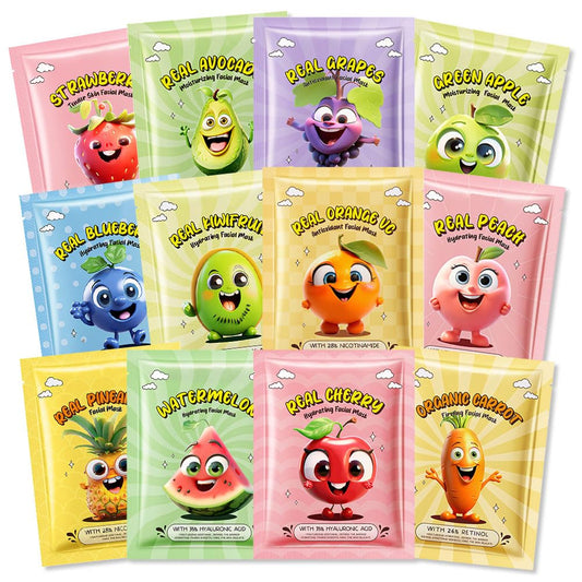 Kaely 12 Pack Fruit Face Masks for Kids, Kids Face Mask Spa Day Kit Supplies, Spa Party Favors for Teens Girls Women, Sheet Facial Mask Skincare Gifts Set, Moisturize Soothe for All Skin Types, 01