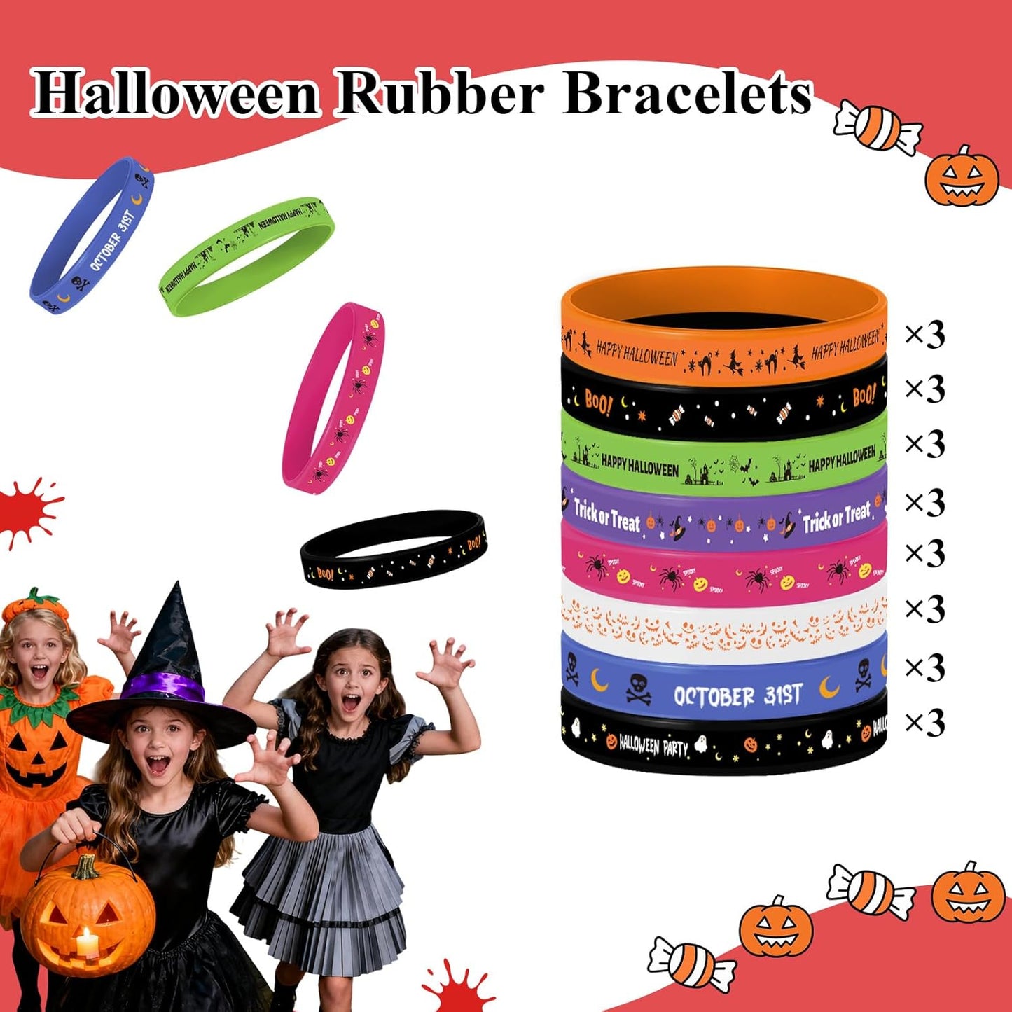 24Pcs Halloween Party Favors, 8 Designs Silicone Bracelets Rubber Wristbands for Kids Halloween Party Decor Trick or Treat Classroom Supplies