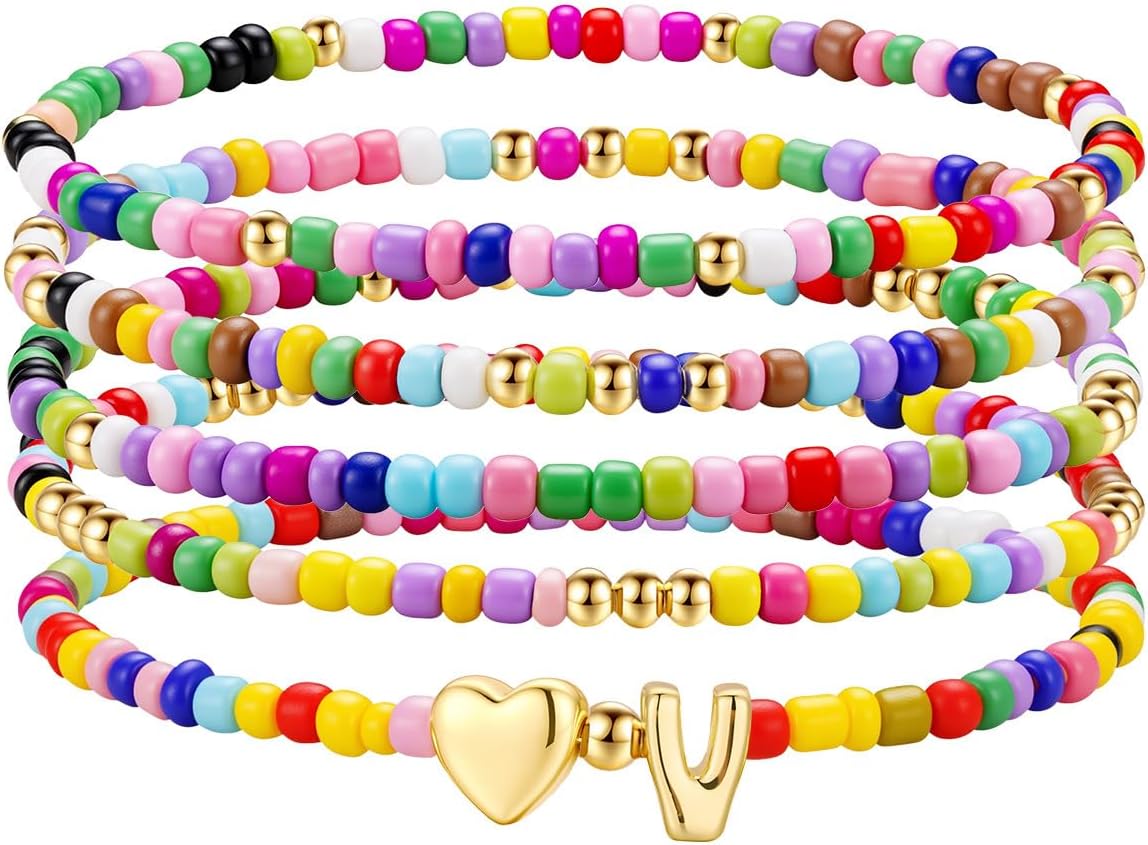 M MOOHAM Stocking Stuffers for Kids Girls Teen - 5PCS Colorful Beaded Initial Bracelets for Women Girls, Cute Stretch Heart Letter Bohemian Stackable Bracelet Birthday Gifts Jewelry for Kids Teen Girl