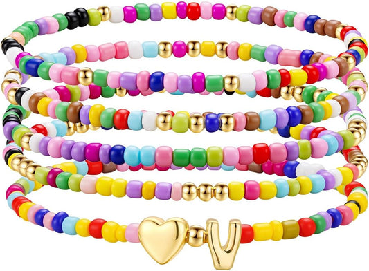M MOOHAM Stocking Stuffers for Kids Girls Teen - 5PCS Colorful Beaded Initial Bracelets for Women Girls, Cute Stretch Heart Letter Bohemian Stackable Bracelet Birthday Gifts Jewelry for Kids Teen Girl