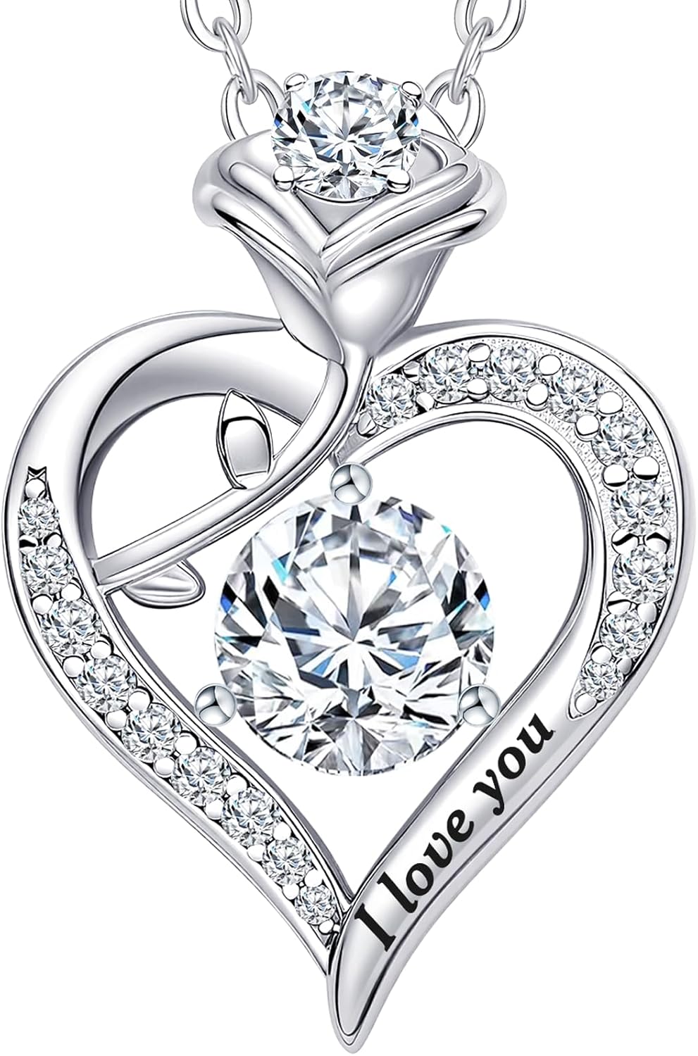 Rose Heart Pendant Necklace Gifts for Wife, Engraved 'I love you' Gift for Wife Girlfriend, Anniversary Birthday Eternity Jewelry Present for Women, Moissanite Necklace Gift for Her