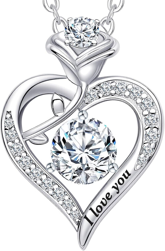Rose Heart Pendant Necklace Gifts for Wife, Engraved 'I love you' Gift for Wife Girlfriend, Anniversary Birthday Eternity Jewelry Present for Women, Moissanite Necklace Gift for Her