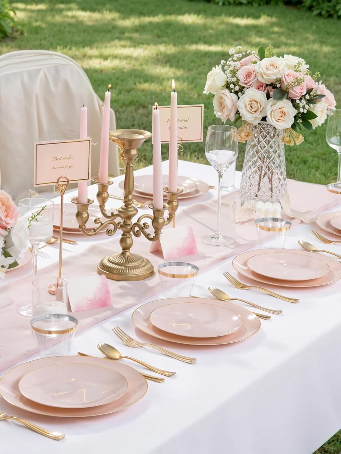 WDF 300Pcs Pink Plates Disposable - Pink and Gold Plastic Dinnerware Set for 50 Guests Include 50 Dinner & Cake Plates, 50 Disposable Cutlery, 50 9oz Cups for Wedding & Party & Baby Shower