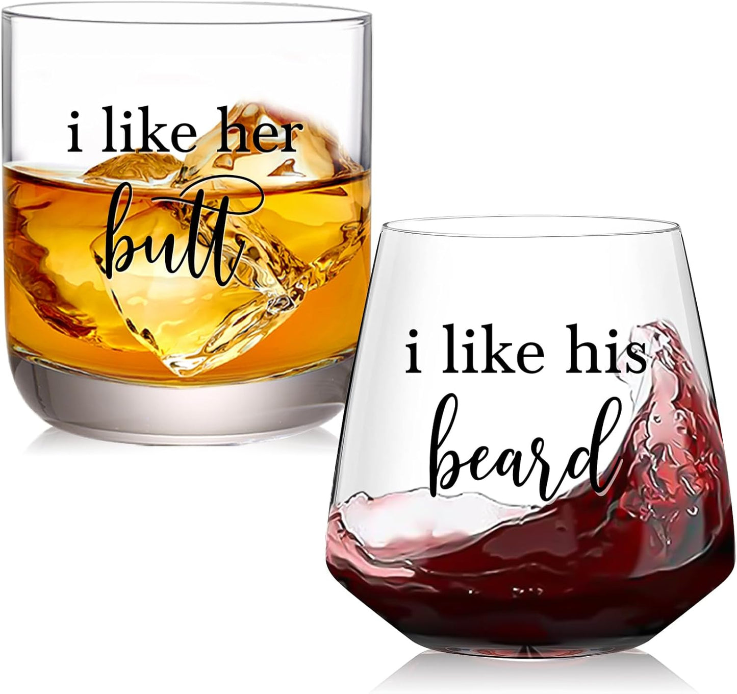 I Like His Beard I Like Her Butt Drinking Glasses Set of 2, Wedding Gifts for Couples, Bridal Shower Gifts, Mr and Mrs Gift, Anniversary, Engagement Couple Drinking Glass for Him Her