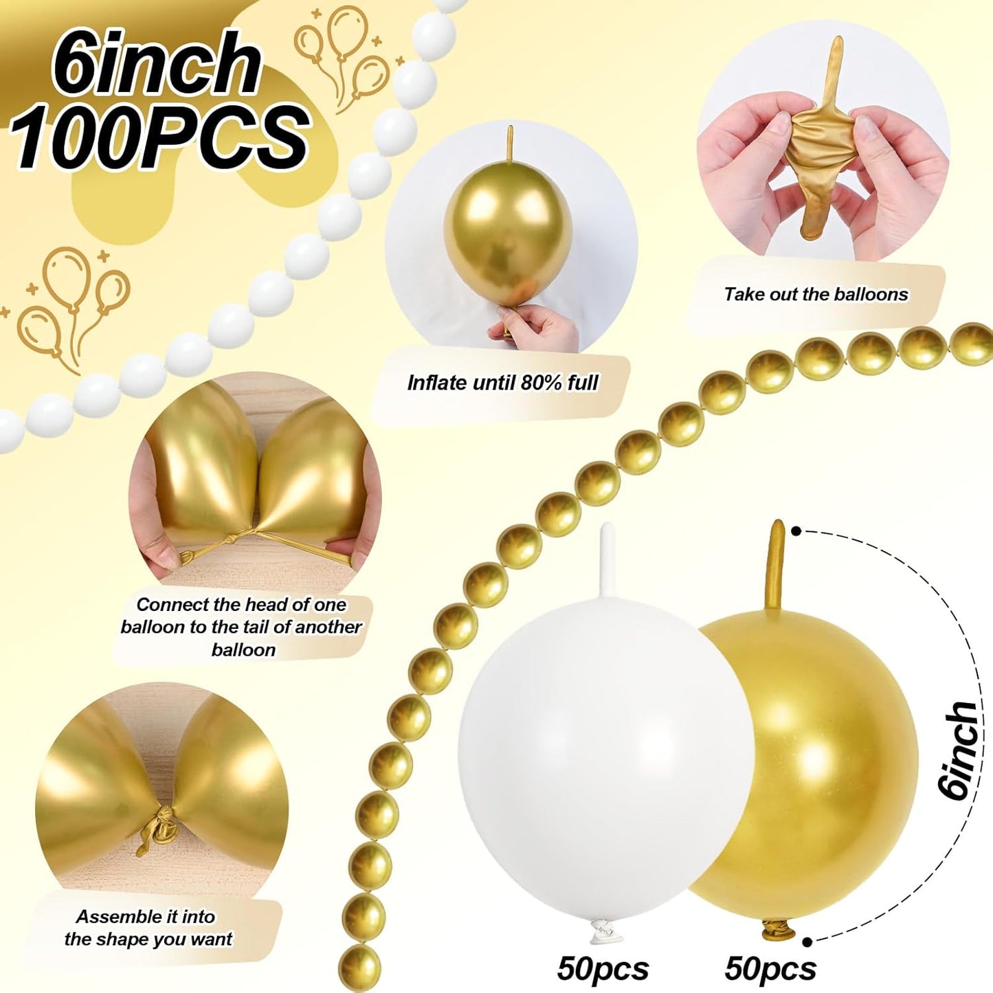 White and Gold Quick Link Balloons, 100PCS 6 Inch Small Baby Pink Linking Balloons for Making Balloon Wall Heart Arch Tails Balloon for Girls Wedding Birthday Baby Shower Engagement Party Decorations