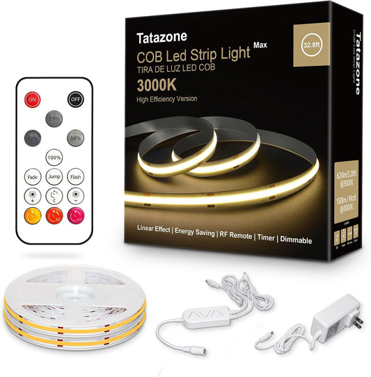 32.8ft 3000K Bright COB LED Strip Light, Dimmable, Warm White, Indoor, RF Remote, Adhesive, for Living Room, Shelf, Cabinet, Kitchen, 2 Rolls of 16.4ft